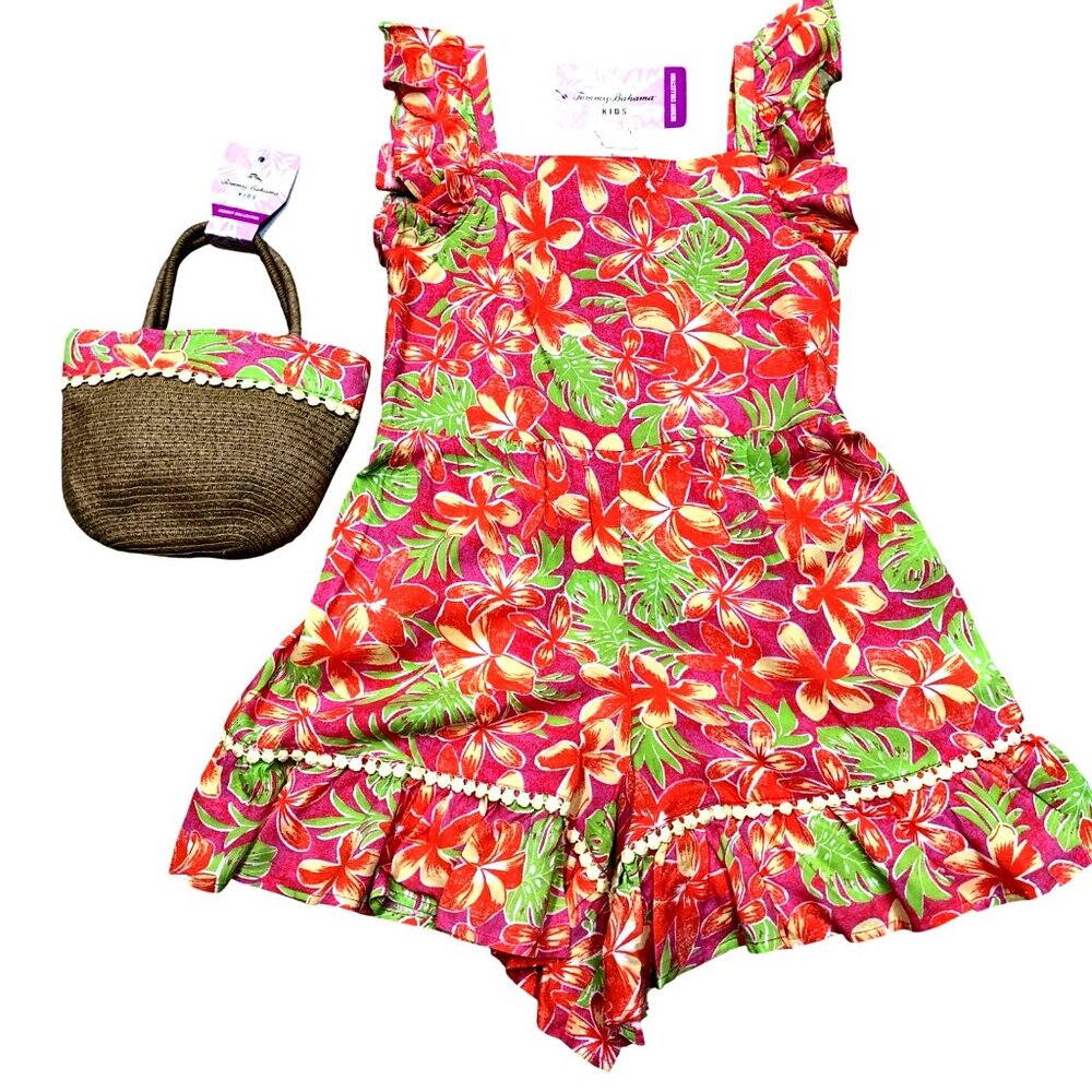 Tommy Bahama Girls Floral Romper Dress &‎ Straw Purse Set - Tropical Print 4 NWT